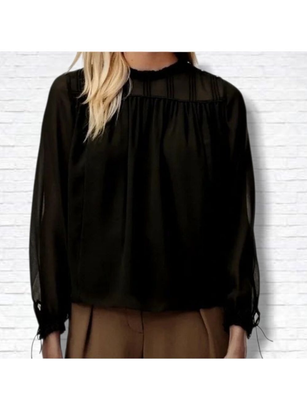 Aritzia Wilfred Black Lourdes Collared Long Sleeve Sheered Blouse Size S